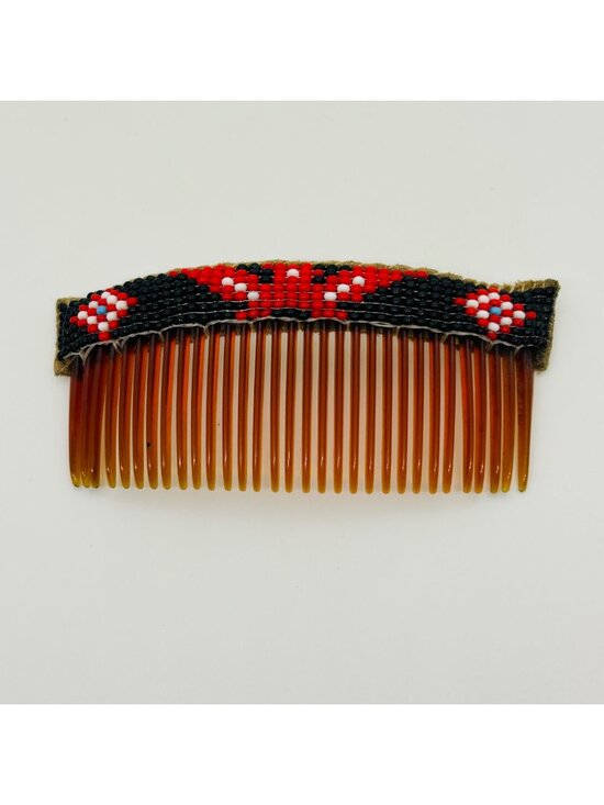 Estate Accessories - Handmade Southwestern Beaded Hair Comb Seed Bead Loomed Black Red White Vintage